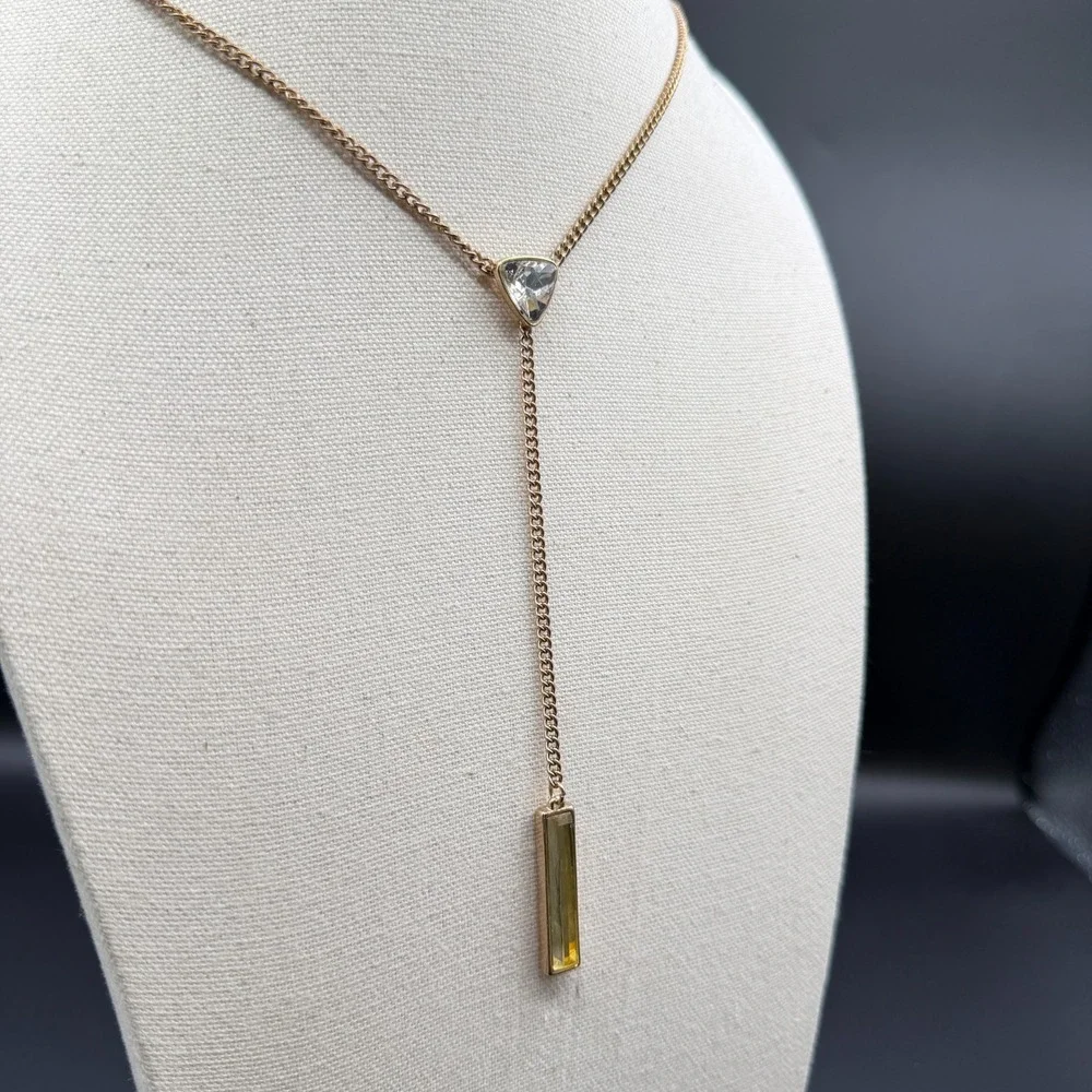 Gold Tone Y Drop Lariat Necklace Clear Triangle Crystal Amber Tone Bar Pendant